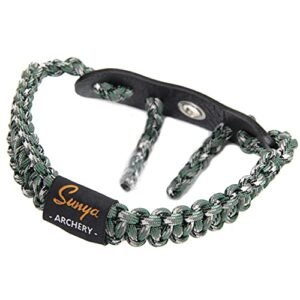 SUNYA Bow Wrist Sling, Full Grain Leather Yoke On Bow Stabilizer, 550 Paracord Handmade, Metal Grommet Fit for Archery Compound Bows,(Green Black White Camo 16)