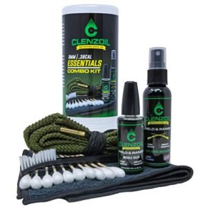 Clenzoil Pistol & Rifle Essentials Gun Cleaning Kit - Complete Gun Cleaning Kit - Easy Firearm Maintenance - with Bore Cleaner, Microfiber Towel, CLP Spray & Oiler - 9 mm / 38 Caliber