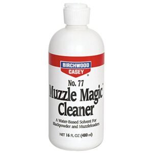 BIRCHWOOD CASEY Muzzle Magic No.77 Gun Cleaner with Flip Top | Fast-Acting Water-Based Black Powder Solvent for Rust Prevention, 16oz Bottle