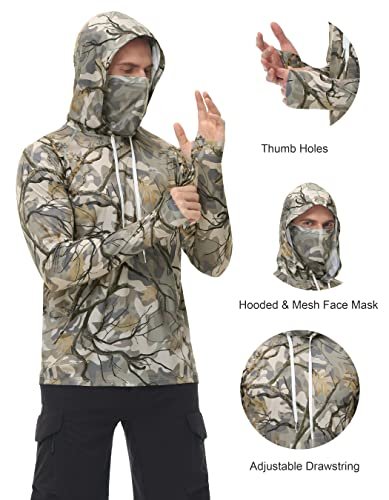 FISHEAL Men’s Camo Fishing Hoodie Shirt UPF 50+ with Face Mask - Image 3