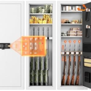 SUNCROWN 53" Wall Gun Safe for Rifles and Pistols, Biometric Fingerprint Hidden Safe With Digital KeyPad, Assembled With 3 Removable Shelves for Home, White
