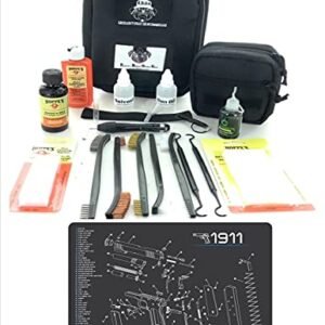 RangeMaster Elite EDC Bag Gun Cleaning Kit- Compatible for 1911 - Schematic Mat (Exploded View) with Hoppes Gun Oil No.9 Solvent & Patches Clenzoil CLP 10 Pc Cleaning Accessories Set