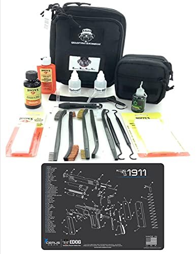 RangeMaster Elite EDC Bag Gun Cleaning Kit- Compatible for 1911 - Schematic Mat (Exploded View) with Hoppes Gun Oil No.9 Solvent & Patches Clenzoil CLP 10 Pc Cleaning Accessories Set
