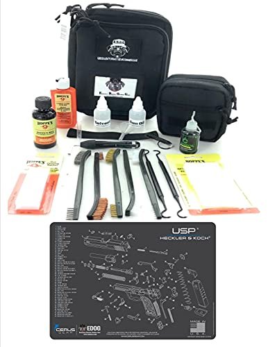 RangeMaster Elite EDC Bag Gun Cleaning Kit- Compatible for Heckler & Koch HK USP Schematic Mat (Exploded View) with Hoppes Gun Oil No.9 Solvent & Patches Clenzoil CLP 10 Pc Cleaning Accessories Set