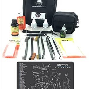 RangeMaster Elite EDC Bag Gun Cleaning Kit- Compatible for Sig P226 - Schematic Mat (Exploded View) with Hoppes Gun Oil No.9 Solvent & Patches Clenzoil CLP 10 Pc Cleaning Accessories Set