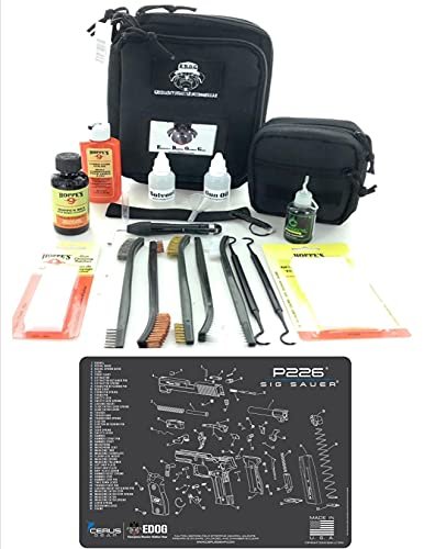 RangeMaster Elite EDC Bag Gun Cleaning Kit- Compatible for Sig P226 - Schematic Mat (Exploded View) with Hoppes Gun Oil No.9 Solvent & Patches Clenzoil CLP 10 Pc Cleaning Accessories Set