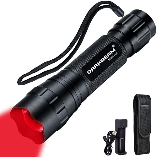 DARKBEAM Red Light Flashlight Tactical LED USB Rechargeable Zoom Flood/Spot Light, Portable Handheld Redlight for Night Hunting, Observation, Fishing, Astronomy, Aviation, Rescue, Stargazin