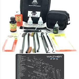 RangeMaster Elite EDC Bag Gun Cleaning Kit- Compatible for Walther PPQ - Schematic Mat (Exploded View) with Hoppes Gun Oil No.9 Solvent & Patches Clenzoil CLP 10 Pc Cleaning Accessories Set
