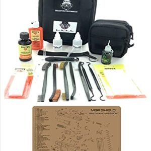 RangeMaster Elite EDC Bag Gun Cleaning Kit- Compatible for S&W M&P Shield Tan - Schematic Mat (Exploded View) with Hoppes Gun Oil No.9 Solvent & Patches Clenzoil CLP 10 Pc Cleaning Accessories Set