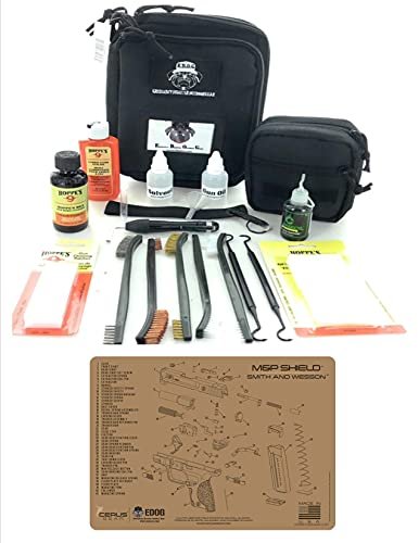 RangeMaster Elite EDC Bag Gun Cleaning Kit- Compatible for S&W M&P Shield Tan - Schematic Mat (Exploded View) with Hoppes Gun Oil No.9 Solvent & Patches Clenzoil CLP 10 Pc Cleaning Accessories Set