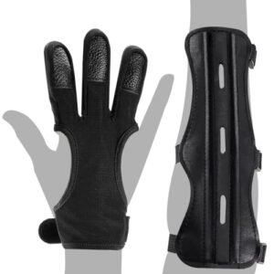MARRTEUM 2 Pcs Archery Glove & Arm Guard Kit Leather PU Archery Bracer Three Finger Guard Protective Gear Accessories for Men Women & Youth