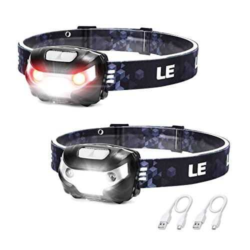 Lighting Ever LED Headlamp Rechargeable 2 Packs - Super Bright Head Lamp with 5 Modes for Camping & Hiking Gear Essentials, IPX4 Waterproof Headlight Flashlight with Red Light, USB Cable Included