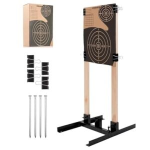 KESHES Target Stand Base - Adjustable Archery Target Steel Stand for Paper Sheet & Cardboard Box Cutout, Includes H-Shape Base, Ground Anchors, Clips (Wooden Poles Not Included)