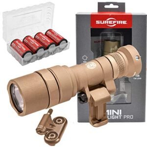 SureFire Mini Scoutlight Pro Tactical Light 500 Lumen Compact LED 340C Tan Bundle with 4 Extra CR123A Batteries and a Lightjunction Battery Case