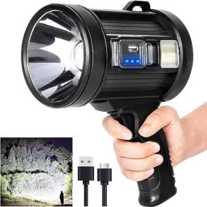 MIXILIN Rechargeable Spotlight, 9000 Lumens Handheld Hunting Flashlight Led Spot Light with Cob Light and Solar Panels, Lightweight and Super Bright Spotlight for Hunting Boating Camping