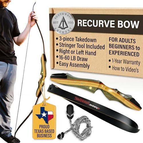 Spyder Takedown Recurve Bow - Hunting & Target Bow - Fast, Accurate, Versatile - Handcrafted Riser - Fiber Glass Maple Limbs - 62" Right Hand, 29lb with Stringer Tool