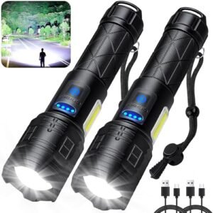 Kmivo Rechargeable Flashlights 90,000 High Lumens, 2 Pack Super Bright LED Flashlight with 5 Modes, High Powered Flash Light for Home, Camping, Outdoor, Emergencies, Hiking (Blue)