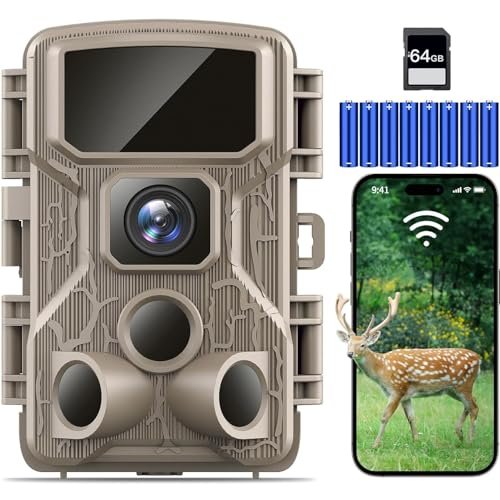 Punvoe Trail Camera WiFi 4K 64MP with 64GB Memory Card 8 Batteries and Night Vision Ip67 Waterproof 130°Wide Angle 0.1s Trigger Speed, Suitable for Outdoor Wildlife Detection, Monitoring Game Cam