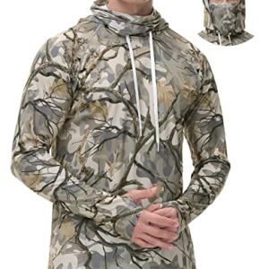 FISHEAL Men's Hunting Shirts with Mask - UPF 50+ Camo Long Sleeve Fishing Hoodie Shirt with Adjustable Drawstring