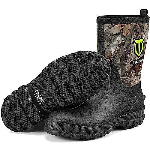 TIDEWE Rubber Boots for Men, 5.5mm Neoprene Insulated Rain Boots with Steel Shank, Waterproof Mid Calf Hunting Boots, Sturdy Rubber Work Boots for Farming Gardening Fishing (Next Camo G2 Size 10)
