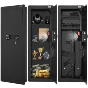 VEVOR 42.91" Tall Wall Gun Safe, 4-Tier Hidden Gun Safe with Keypad & Fingerprint, 3 Removable Shelves & 6 Key Holders, Q235 Cold-Rolled Steel with LED Light, Vibration Alarm, Holster & Stock