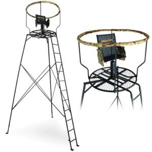Muddy 1-Person Liberty Steel Tripod Hunting Stand, 16 ft Tall, 300 lb Capacity - Heavy-Duty with Flex-Tex 360 Swivel Seat, Extra-Wide Shooting Rail, Adjustable Legs and Detachable Gear Bags