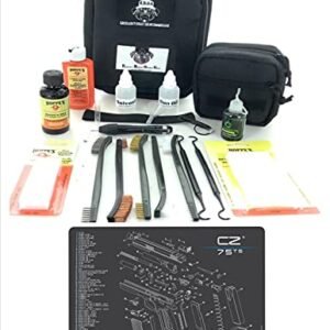 RangeMaster Elite EDC Bag Gun Cleaning Kit- Compatible for CZ 75 TS - Schematic Mat (Exploded View) with Hoppes Gun Oil No.9 Solvent & Patches Clenzoil CLP 10 Pc Cleaning Accessories Set