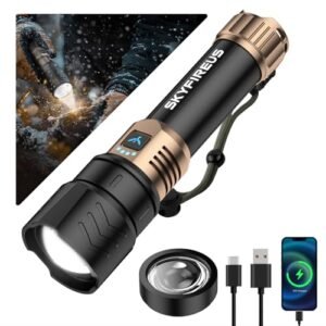SKYFIRE LED Flashlights High Lumens with Ignition Lens,Super Bright Rechargeable Flashlight,Zoomable,Four Modes,Waterproof Tactical Flash Light for Camping Essentials,Outdoor,Home&Gifts