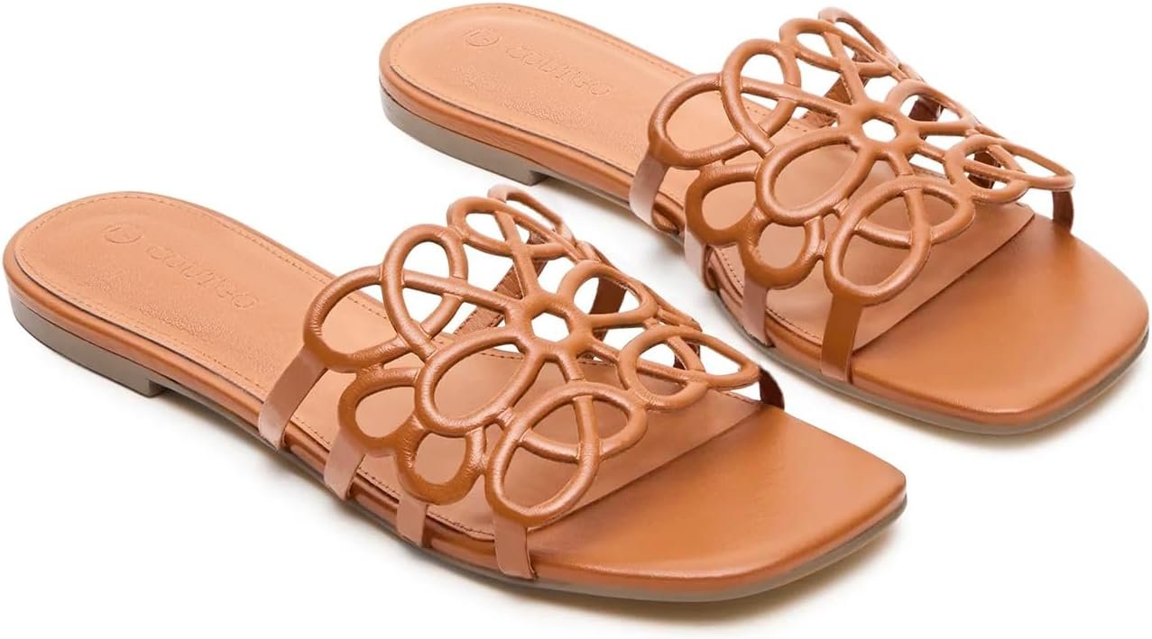 Coutgo Womens Flat Sandals Comfortable Square Open Toe Slides Slip On Summer Dressy Beach Shoes
