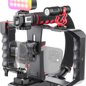Zeadio Smartphone Camera Stabilizer, All-in-One Video Rig Kit with Phone Cage, RGB Video Light, Microphone, Action Camera Adapter, Compatible with Smartphones, Action Camera, DSLR, Cameras etc