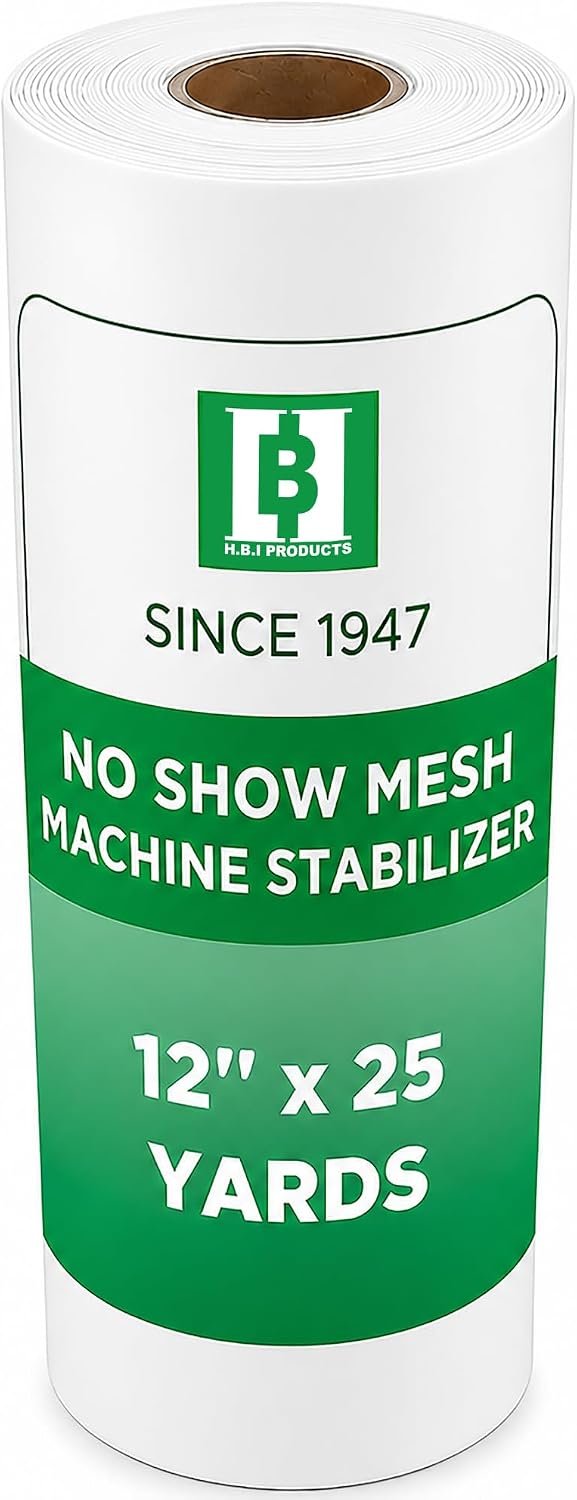 H.B.I. Products No Show Mesh Machine Embroidery Stabilizer White Invisible Cut Away Medium Weight 12" x 25 Yards